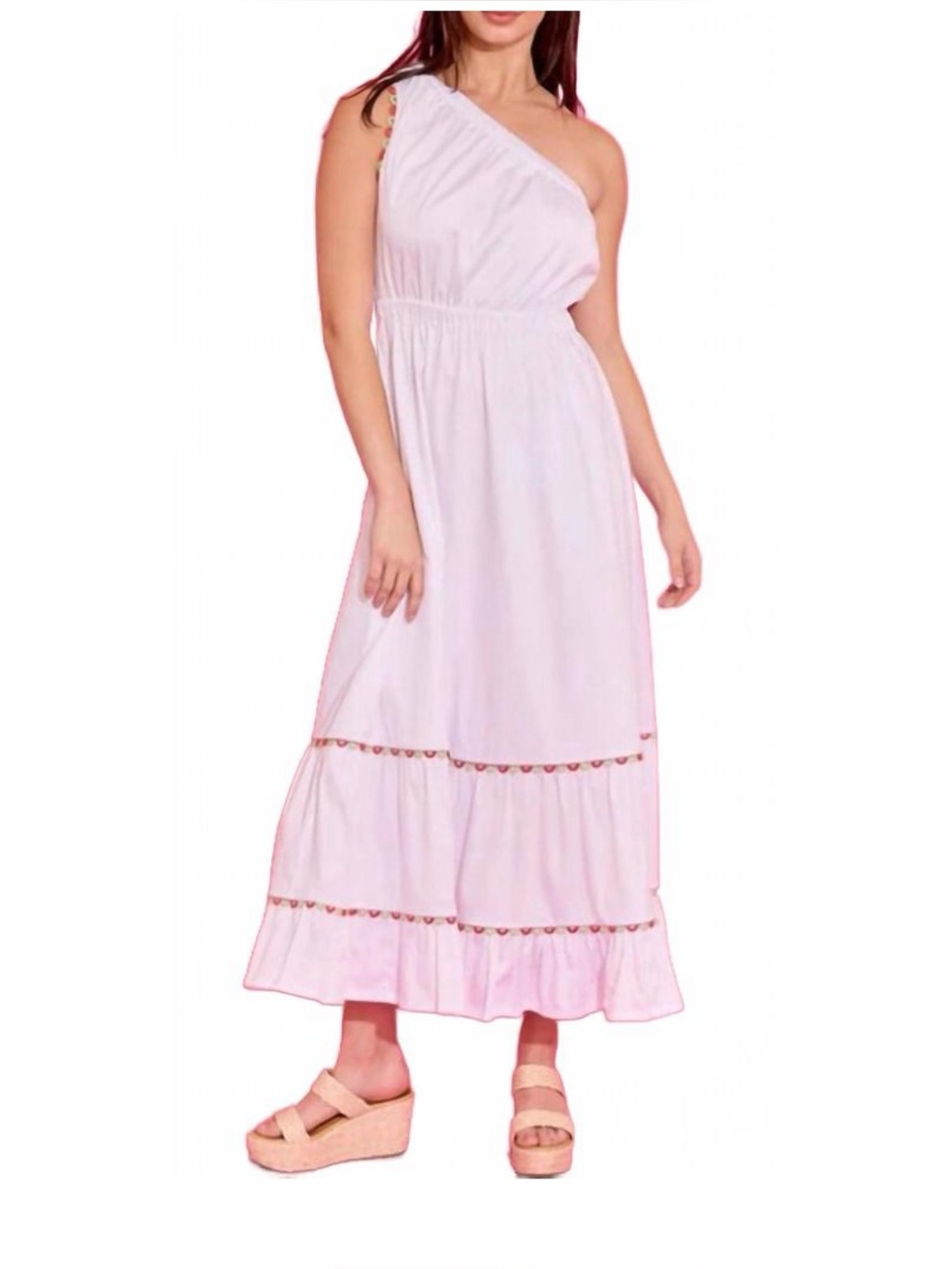 Alden White One-Shoulder Midi Dress with Multicolor Trim